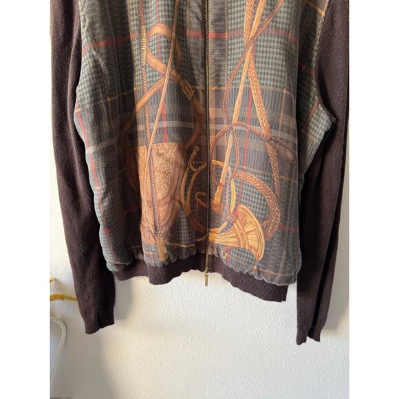 Vtg Ralph Lauren Brown Cashmere Silk Zip Cardigan Sweater Equestrian Plaid 3X - Picture 3 of 12